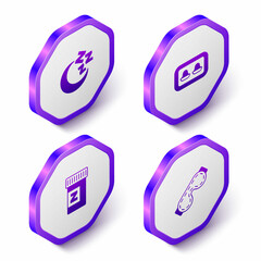 Set Isometric Moon and stars, Earplugs with storage box, Sleeping pill and Eye sleep mask icon. Purple hexagon button. Vector