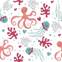 Naadloze patroon zee wereld. Zeedieren, koralen en algen, octopus en kwallen voor kinderen, onderwaterwezens uit de oceaan, schattige karakters. Decortextiel, inpakpapierbehang, vectorprint