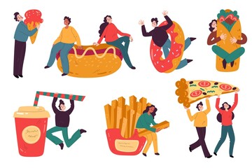 People with fast food. Happy characters holding hot dog and donut. French fries and big pizzas piece. Man eating ice cream. Woman hugging big burrito. Vector street meal and drinks set