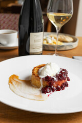 French toast with vanilla ice cream and raspberry jam