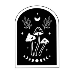Mystical boho mushrooms isolated , magic line celestial mushroom, moon and stars, witchy esoteric objects, floral mystical - black and white vector illustration