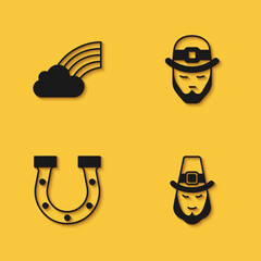 Set Rainbow with cloud, Leprechaun, Horseshoe and icon with long shadow. Vector