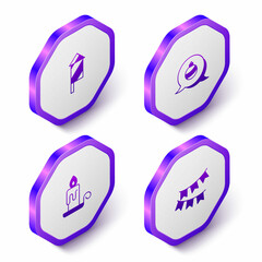 Set Isometric Firework rocket, Christmas ball, Burning candle and Carnival garland with flags icon. Purple hexagon button. Vector