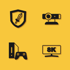 Fototapeta premium Set Sword for game, Computer monitor, Game console with joystick and Web camera icon with long shadow. Vector