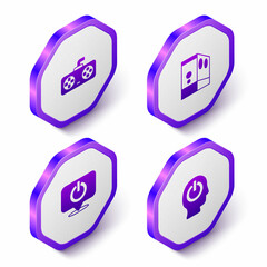 Set Isometric Game controller or joystick, Case of computer, Power button and icon. Purple hexagon button. Vector