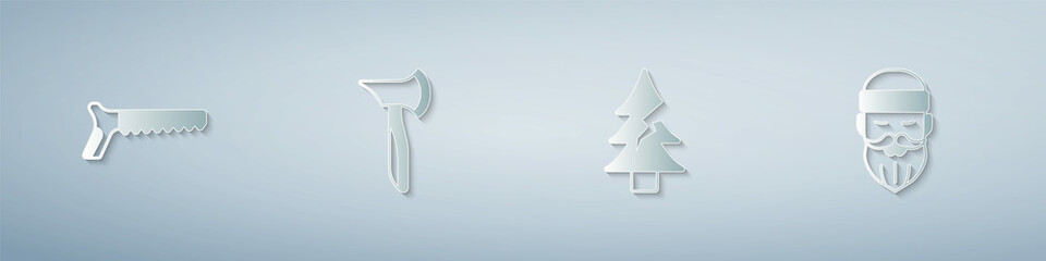 Fototapeta premium Set Hand saw, Wooden axe, Tree and Lumberjack. Paper art style. Vector