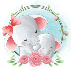 Cute elephant mother and baby watercolor illustration