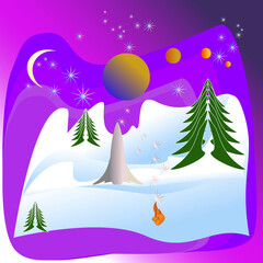 Snowy hills. Starry sky. Spaceship ship. New Year.