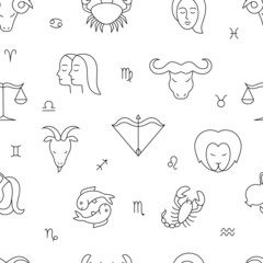 Seamless pattern of astrological zodiac signs line icons.