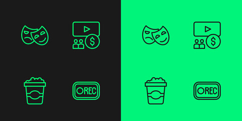 Set line Record button, Popcorn in cardboard box, Comedy and tragedy masks and Cinema auditorium with screen icon. Vector