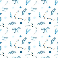 Vector cute cartoon christmas elements Santa Claus and snowman, house and toy horse. Hand drawing New Year.