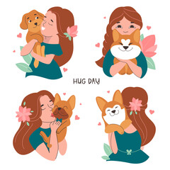 The set of stickers with girls hugging dogs is good for hug day, friendship design, dog parties. The dogs in love are good for holiday designs, Valentine day. The vector illustration
