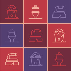 Set line Bucket with foam and bubbles, Brush for cleaning and Toilet bowl icon. Vector