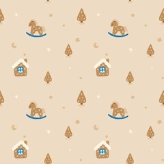 Vector cute cartoon christmas elements Santa Claus and snowman, house and toy horse. Hand drawing New Year.