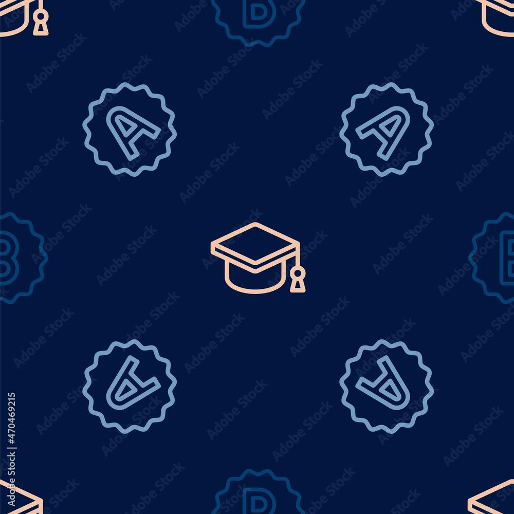 Poster Set line Exam paper with incorrect answers, sheet A plus grade and Graduation cap on seamless pattern. Vector