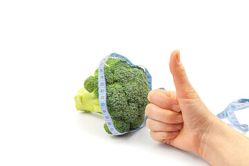 Woman's hand holding brocoli on white background