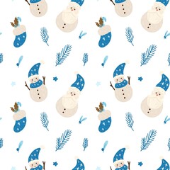 Vector cute cartoon christmas elements Santa Claus and snowman, house and toy horse. Hand drawing New Year.