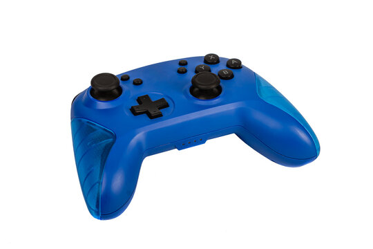 Blue game controller for playstation on white isolated background