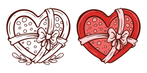 heart shaped box of chocolates  cartoon sketch vector illustration color and outline hand drawn. valentine's day clipart.