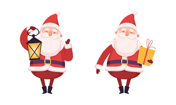 Santa Claus Character with White Beard and Red Hat Holding Gift Box and Lantern Vector Set
