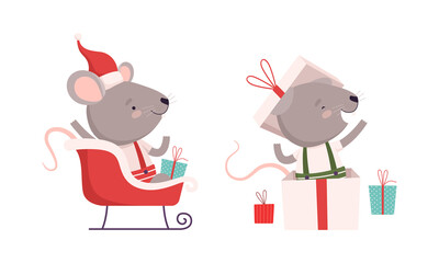 Cute Grey Mouse in Christmas Santa Hat Jumping Out of Gift Box and Riding Sledge Vector Set