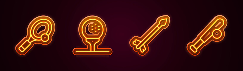 Obraz premium Set line Tennis racket with ball, Golf on tee, Medieval arrows and Baseball bat. Glowing neon icon. Vector