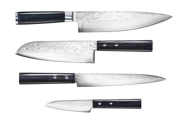 A set of professional Japanese kitchen knives from the finest steel on a white isolated background....