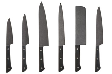 A set of professional Japanese kitchen knives from the finest steel on a white isolated background. A set of knives from a restaurant chef. The best tools for the kitchen and food preparation.