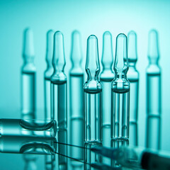 Laboratory. Development of a coronavirus vaccine. Ampoules with medicine. COVID 19. Macro photography, selective focus.