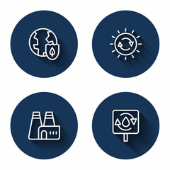 Set line Earth with shield, Solar energy panel, Factory production and Recycle clean aqua with long shadow. Blue circle button. Vector