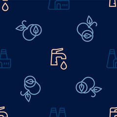 Set line Factory production, Apple and Water tap on seamless pattern. Vector