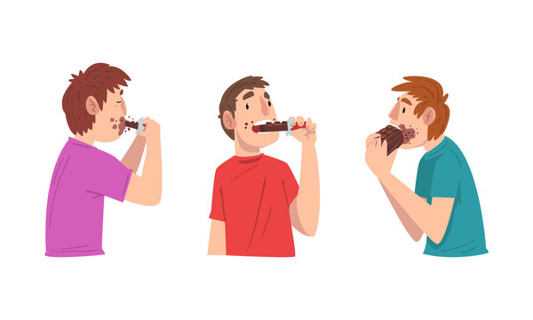 Young Guy Greedily Eating Bar Of Chocolate Vector Set