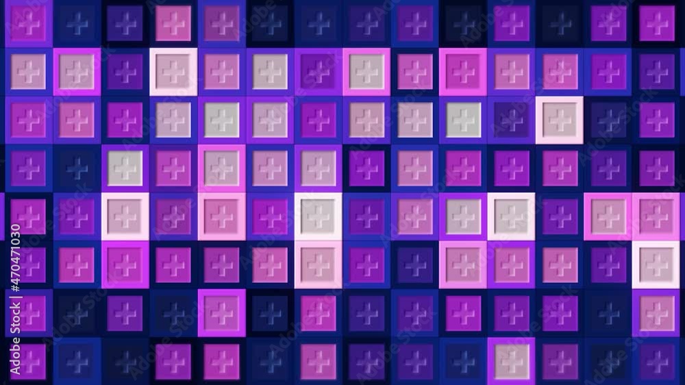 Poster dynamic animated background with medical multicolored crosses blinking endlessly. motion. rows of ti