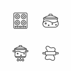Set line Rolling pin on dough, Cooking pot fire, Gas stove and icon. Vector