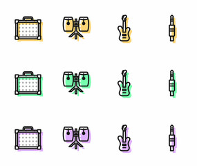 Set line Electric bass guitar, Guitar amplifier, Conga drums and Audio jack icon. Vector