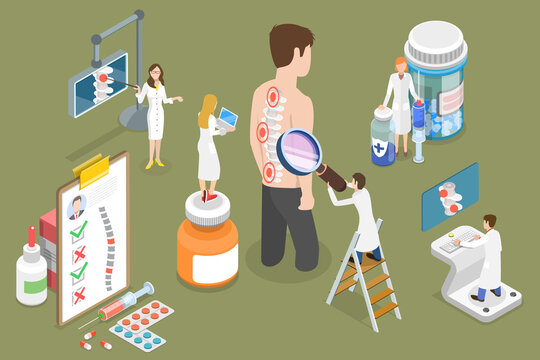 3D Isometric Flat Vector Conceptual Illustration of Chronic Back Pain, Doctor Examining Patient Spine