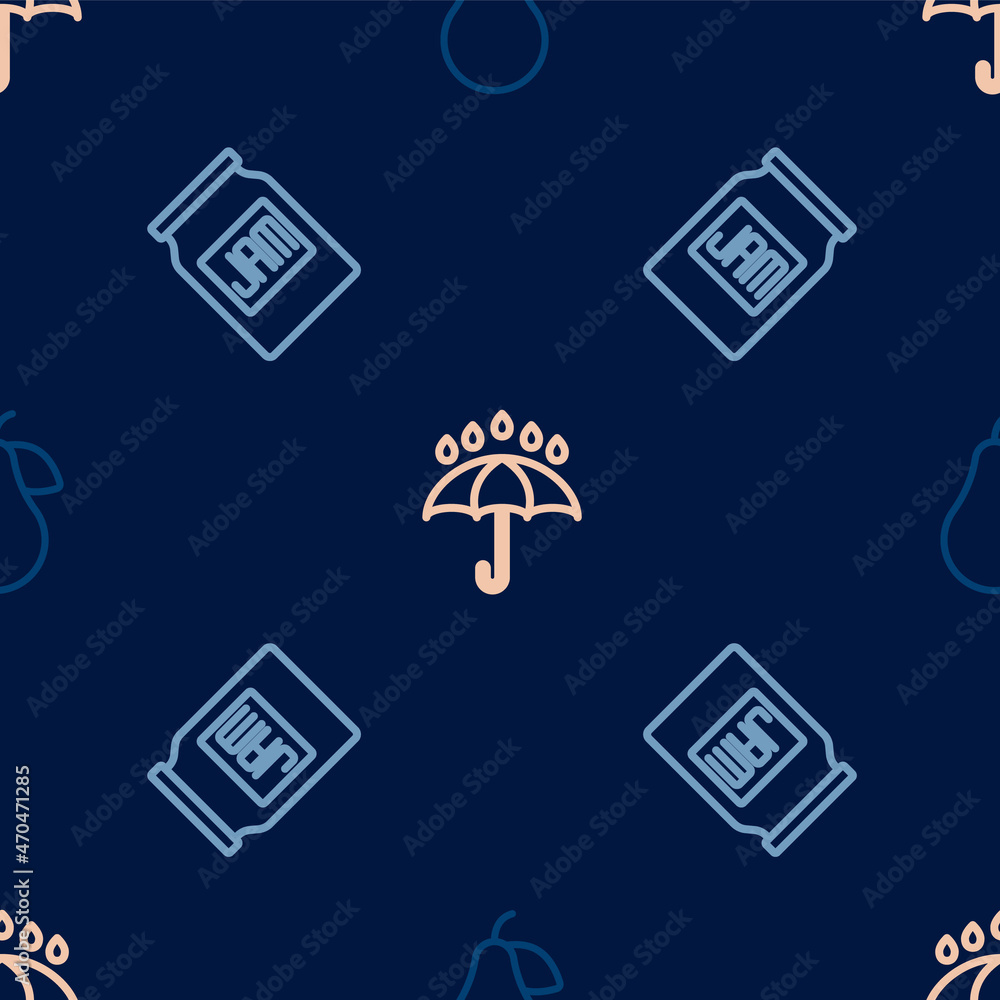 Poster set line pear, jam jar and umbrella and rain drops on seamless pattern. vector