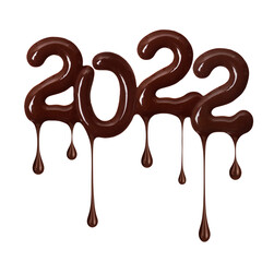 Date of the New Year 2022 made of melted chocolate, isolated on white background