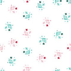 Small flowers and leaf seamless pattern isolated on white background.