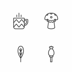 Set line Opium poppy, Leaf, Cup of tea and Mushroom icon. Vector