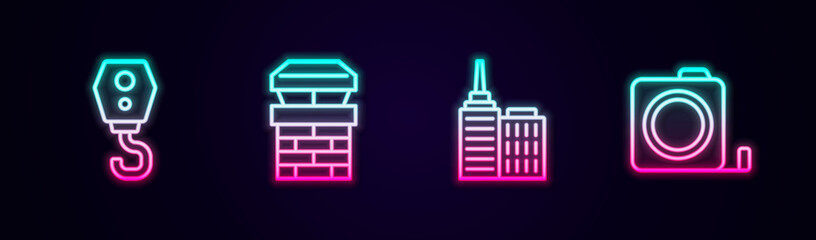 Set line Crane hook, Chimney, City landscape and Roulette construction. Glowing neon icon. Vector