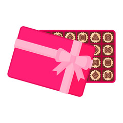Open rectangular pink box of chocolate dessert or candy with icing