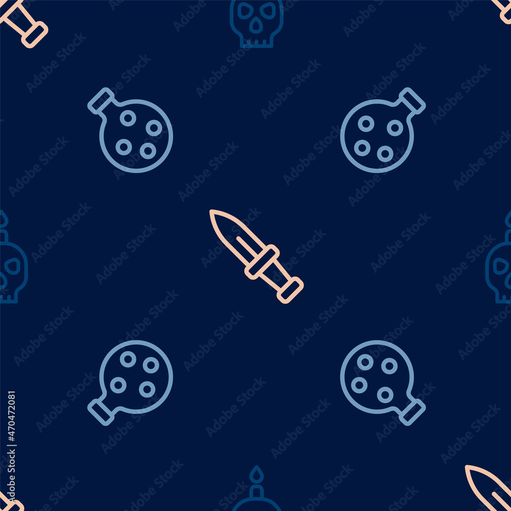 Poster set line burning candle on skull, bottle with potion and dagger on seamless pattern. vector