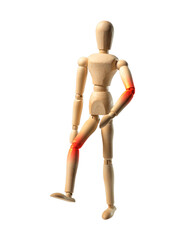 Joints ache concept. Wood doll person walking with pain in elbow and knee. Wood mannequin in motion, going.