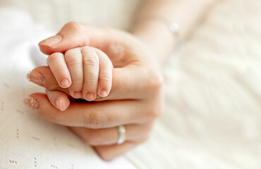 A small child's hand of a child in a mother's hand. Love in the family. Family value. Mother's love.The concept of a happy childhood. Newborn baby. Mom holding her childs hand.