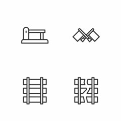 Set line Broken or cracked railway, Railway, railroad track, barrier and Flag icon. Vector