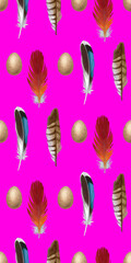Seamless pattern with egg and feather. Background. Hand-drawn illustration, colored