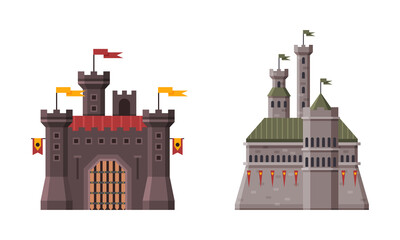 Medieval Castle with Tall Stone Tower and Flag on Top Roof Vector Set