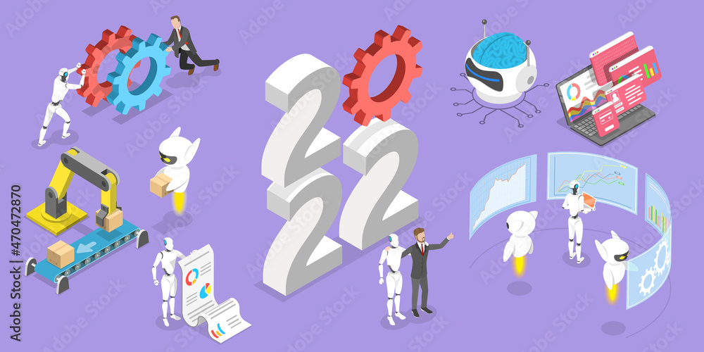 Poster 3d isometric flat vector conceptual illustration of new year and robotic process automation trends, 