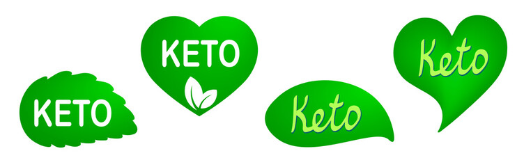 Set of keto stamps. Love keto. Ketogenic diet. Green heart-shaped stamp. Logo or icon. Sticker. Vegeterian. Keto approved friendly.